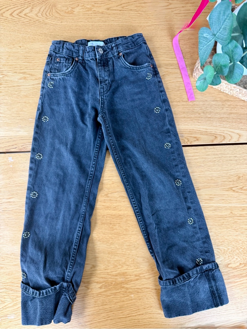 Zara Black Denim Wide Cuffed Leg Jeans with Studded Flower Details!